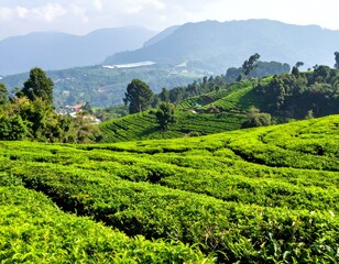 Lush green tea plantation covering terraced hills, offering a scenic view of distant mountains under a bright sky, ideal for agriculture, nature, and travel themes.