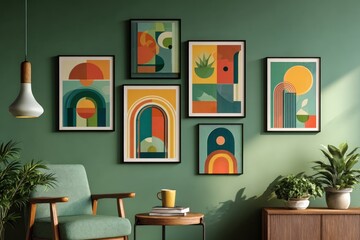 Fototapeta premium Modern living room interior design featuring a cozy fireplace, stylish furniture, and warm decor