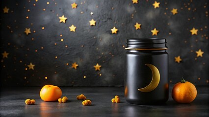 A black jar with a golden moon sits among pumpkins and star decorations, evoking a festive halloween atmosphere