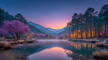 Serene Sunrise over Mountain Lake with Blooming Trees