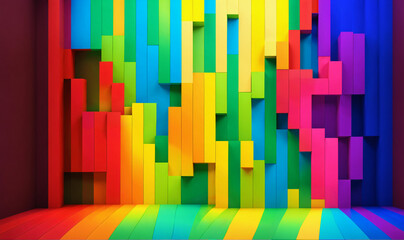 Naklejka premium vibrant three-dimensional wall of colorful rainbow blocks creating an abstract architectural background