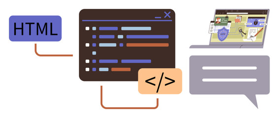 HTML label, code editor window, browser displaying website, and chat bubble. Ideal for programming, web development, UIUX design, coding education, software tools digital security simple flat
