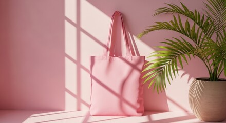 A pink tote bag stands against a pink wall with a plant nearby