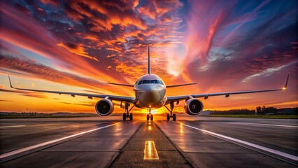 An airplane stands ready for takeoff on the runway as the sun sets, painting the sky with vibrant colors