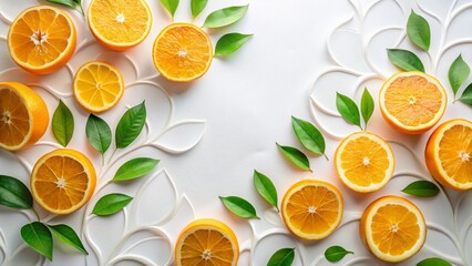 A vibrant flat lay of sliced oranges and green leaves arranged on a decorative white surface
