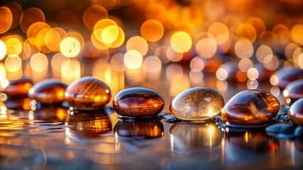 Smooth, wet stones reflect the soft glow of candlelight in a tranquil spa setting