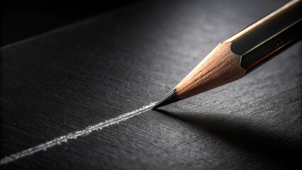 A sharp pencil draws a fine white line on a textured black surface in a dramatic closeup