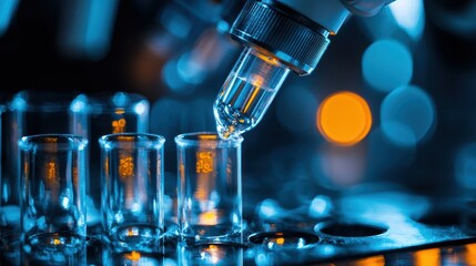 A microscope with a sample in a test tube, with a blurred background of blue lights.