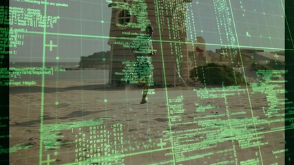 Runner jogging beach passing tower starting tech grid and green code grabbing bottle checking watch - Powered by Adobe