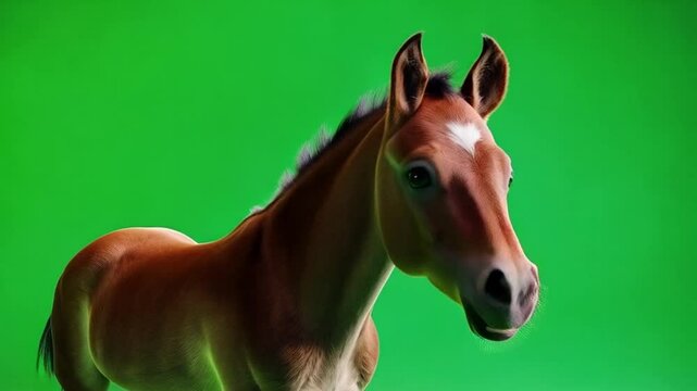 Close up shot of a brown foal with a white star on its forehead against a green background green screen animal video