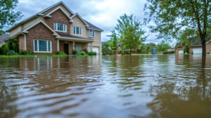Obraz premium A flooded residential neighborhood with a house partially submerged in water.