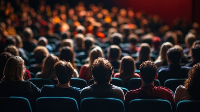 A crowd of people sitting in a theater or auditorium, watching a performance or presentation.