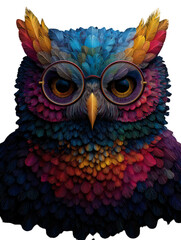 Fototapeta premium A colorful owl wearing glasses presents a vibrant and whimsical design with intricate feather details against a transparent background, silhouette