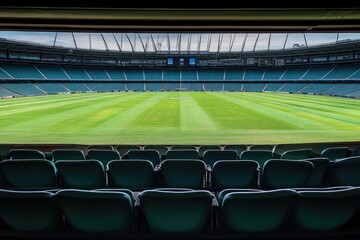 Empty stadium interior view, showing a grassy field and rows of dark teal seats