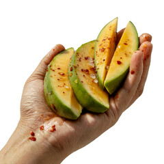 Raw Mango Slices with Salt & Chili &ndash; Hand Holding PNG