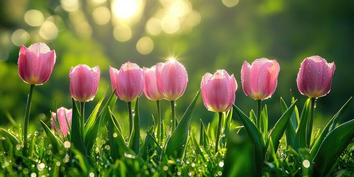 Pink tulips in a sunlit garden - Powered by Adobe