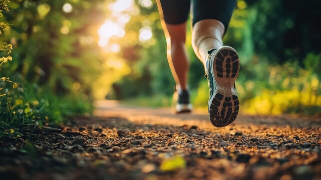 A person jogging on a trail in a forest at sunset.
