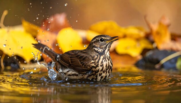 Bird bathing in autumn leaves