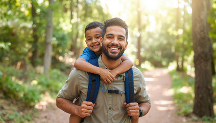 A father and son share a special moment while hiking through the woods, the son getting a piggyback ride, both smiling, sunlight filtering through trees.
