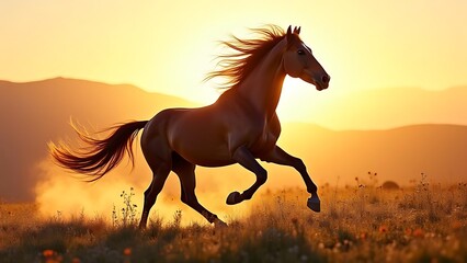 Majestic Stallion at Sunset: A breathtaking image of a horse galloping freely across a golden meadow, bathed in the warm glow of the setting sun, against a backdrop of rolling hills.