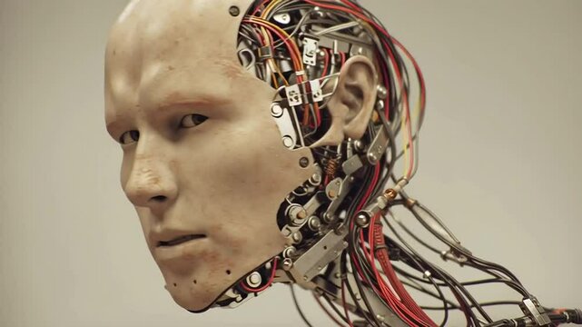 Hyper-realistic humanoid robot head with intricate wiring and components with ai generated