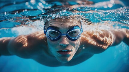 Naklejka premium A young man swimming in a pool, wearing goggles, with a blue and white background.