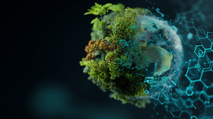 Small, lush planet with vibrant greenery and digital elements symbolizes fusion of nature and technology, highlighting themes of sustainability and innovation