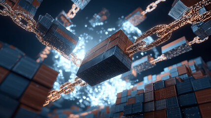 Digital representation of blockchain technology with interconnected shipping containers symbolizes integration of blockchain in global supply chains, highlighting innovation and growth