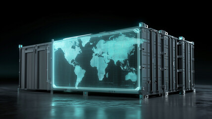 Futuristic digital map of world is displayed on shipping container, symbolizing global logistics and technology integration. dark background enhances glowing map impact