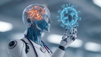 Humanoid robot with digital brain examines virus model, symbolizing intersection of AI and healthcare in diagnostics and treatment