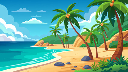 Fototapeta premium Vibrant tropical beach scene with palm trees and clear blue ocean water