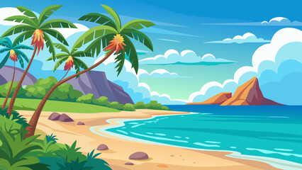Fototapeta premium Vibrant tropical beach scene with palm trees and turquoise ocean waves