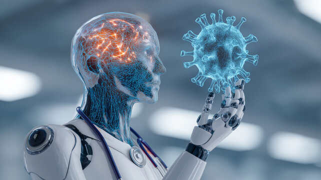 Humanoid robot with digital brain examines virus model, symbolizing intersection of AI and healthcare in diagnostics and treatment