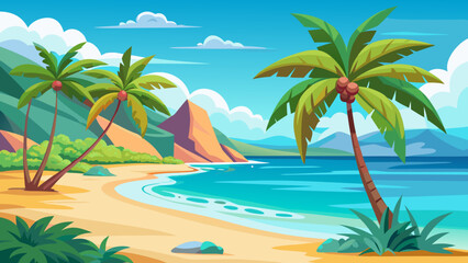Obraz premium Vibrant tropical beach scene with palm trees turquoise ocean and mountains