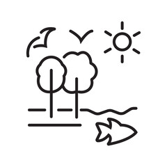 Thin line icon of trees, river, birds, and fish, representing the preservation of natural habitats, biodiversity, and ecological balance. editable stroke. vector illustration