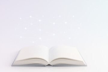 Open book symbolizes illumination of knowledge, with network of connections emerging above it, representing flow of information and ideas. This evokes curiosity and inspiration
