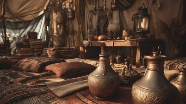 inside a desert nomads tent woven rugs brass pot 4K Videos