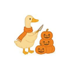 A cute duck wearing an orange scarf holds a knife, standing beside a stack of three carved jack-o'-lantern pumpkins.