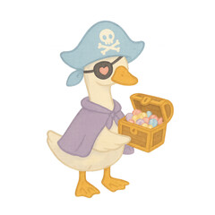 A duck dressed as a pirate wearing a hat and eyepatch, holding a treasure chest filled with colorful gems.