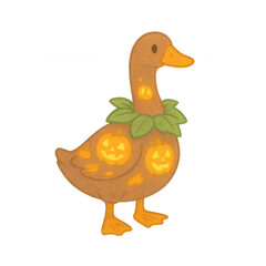 A brown duck decorated with carved, glowing Halloween pumpkin faces on its body and green leaves around its neck.