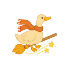 A cartoon duck wearing an orange scarf is flying on a broomstick with magical stars trailing behind.