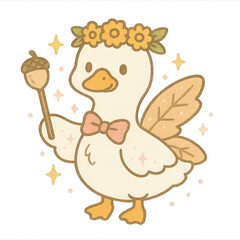 A cute duck with fairy wings, wearing a flower crown and bow tie, holding a magical wand topped with an acorn.