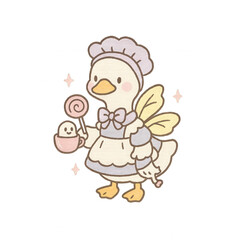 A cute duck dressed as a maid with fairy wings holds a lollipop and a cup with a smiling marshmallow inside.