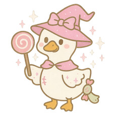 A cute duck dressed as a pink witch holds a lollipop, surrounded by sparkling stars.
