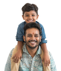 Fototapeta premium PNG Standing Smiling Indian father piggyback little boy portrait smiling happy.
