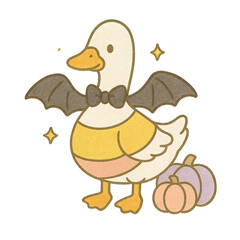 A cartoon duck with bat wings, wearing a bow tie and a striped sweater, standing next to two pumpkins with sparkles around it.