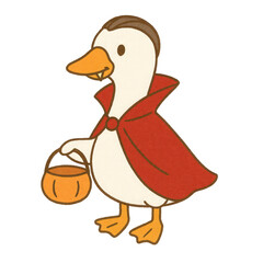 A cartoon duck dressed as a vampire, wearing a red cape and holding a pumpkin-shaped basket.