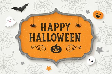 Obraz premium Happy halloween festive sign with cute ghosts bats pumpkins and spider webs