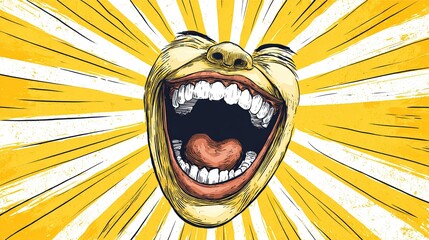 Exaggerated joyful cartoon face laughing with bright background
