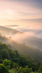 Obraz premium Misty morning sunrise over lush green mountains with sunrays piercing through the fog. Peaceful nature landscape.